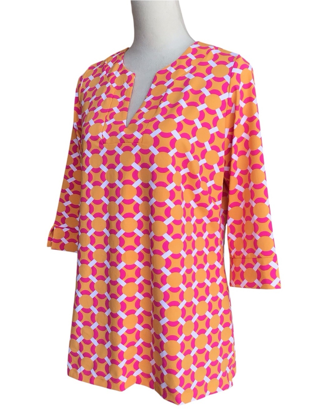 Katherine Way Orange Pink White Geometric V Neck Pullover Tunic Size Lar…